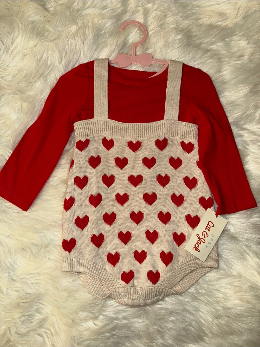 Cat & Jack Cream Heart Knit Suspender Romper with Red Bodysuit